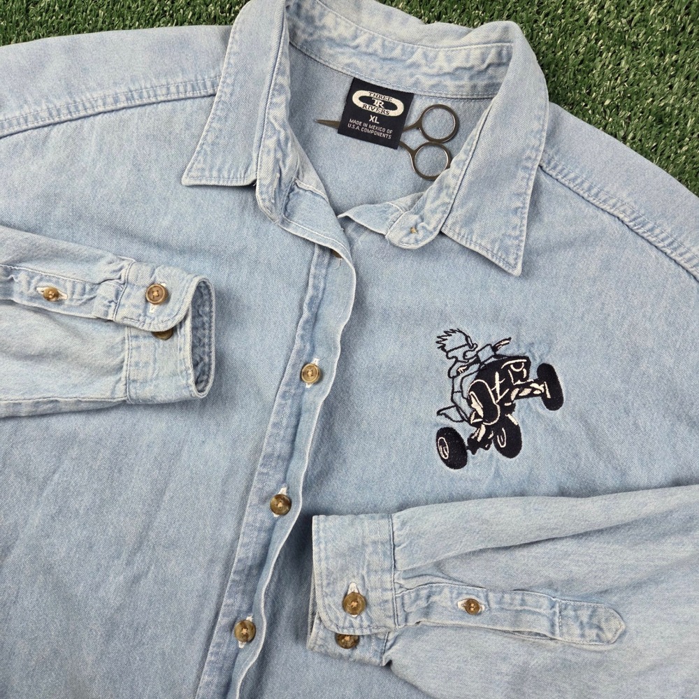 Vintage Y2K Three Rivers Mens XL Denim Button Down Shirt ATV Quad Embroidery